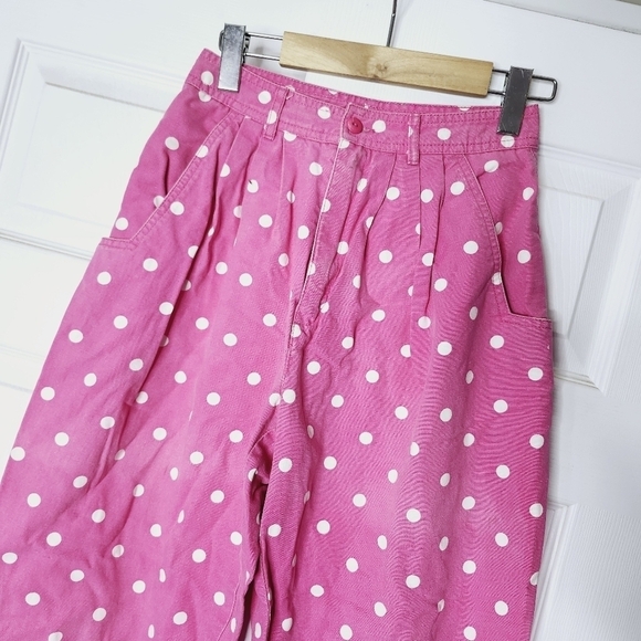 Vintage GLOB Bubblegum Pink White Polka Dot High Waisted Denim Trousers size 6 - Picture 2 of 8